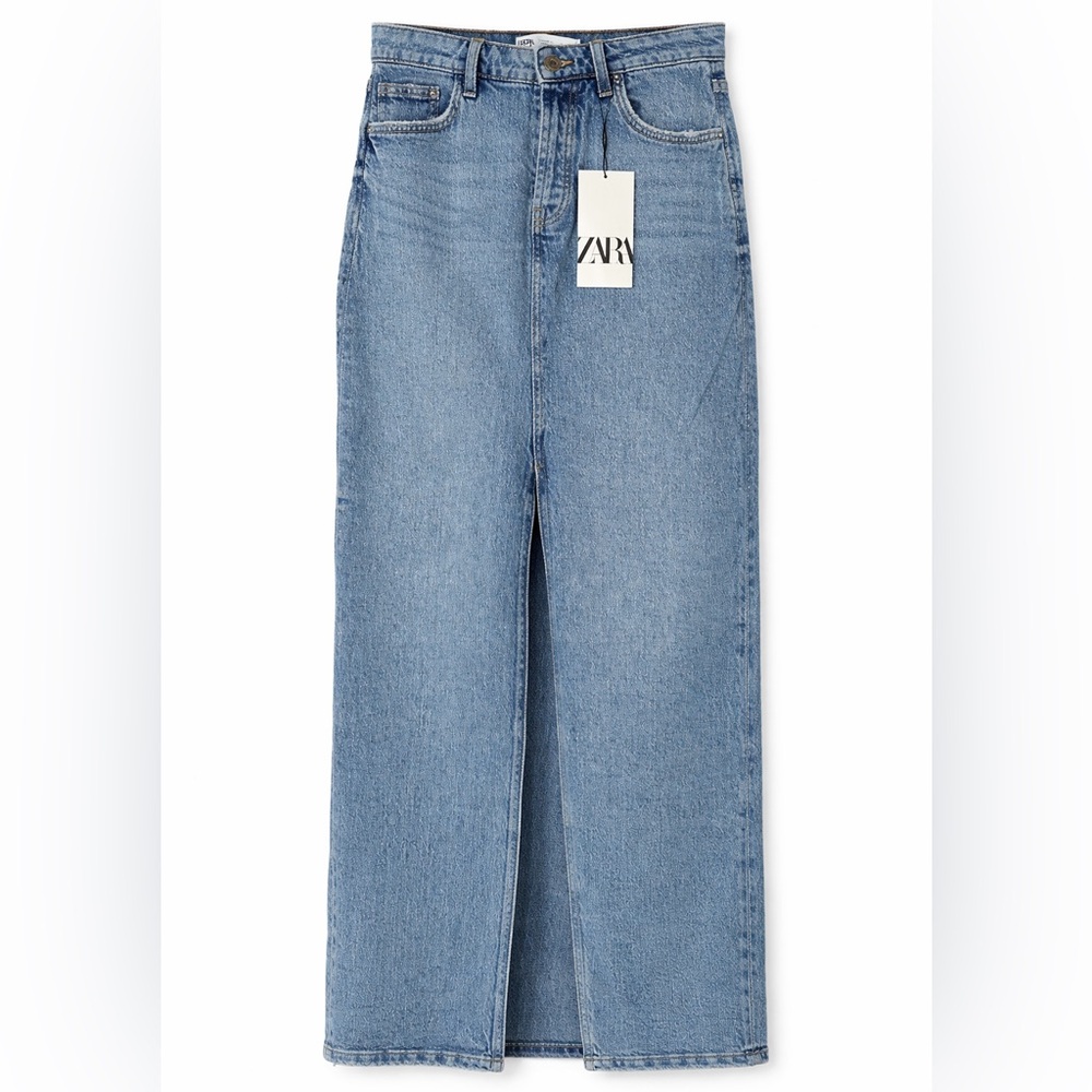 Zara NWT Long Denim Maxi Skirt w/ Front Slit - SIZE XS